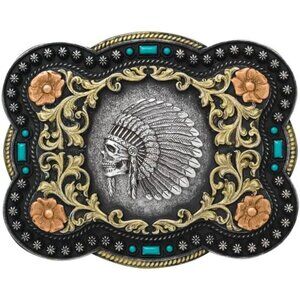 Nocona Men's Western Buckle with Indian Chief Skull, Antique Gold Floral